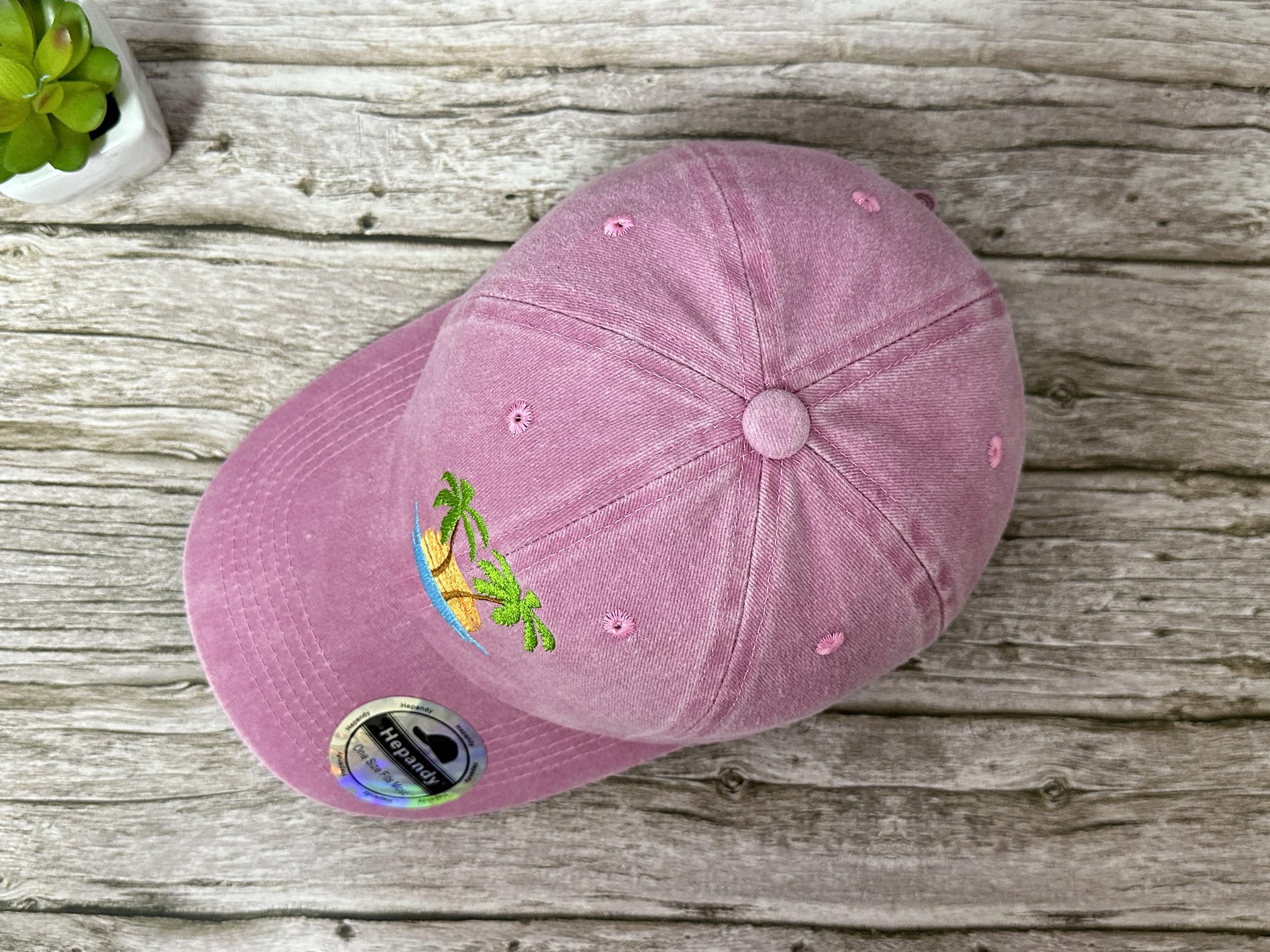 Hepandy Embroidered Palm Tree Hat for Women, Washed Pink Baseball Cap Snapback Hat for Girls, Outdoor Travel Denim Dad Hat Trucker Hat