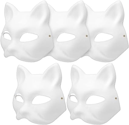 ChicRosa 5 Pcs Cat Masks White Paper Blank Hand Painted Masks Halloween Masquerade Costume Cosplay Accessories