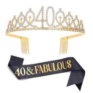 black gold 40 & fabulous sash & rhinestone tiara set, 40th birthday gifts for women, birthday sash/tiara for women's 40th birthday party decoration (black 40th)