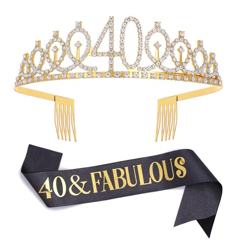 Black Gold 40 & Fabulous Sash & Rhinestone Tiara Set, 40th Birthday Gifts for Women, Birthday Sash/Tiara for Women's 40th Birthday Party Decoration (Black 40th)