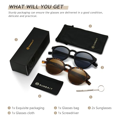 SUNGAIT Classic Vintage Round Polarized Sunglasses for Women Men Retro Style UV400 (Amber Frame Brown Lens+Black Frame Grey Lens) SGT166HPC-SHH