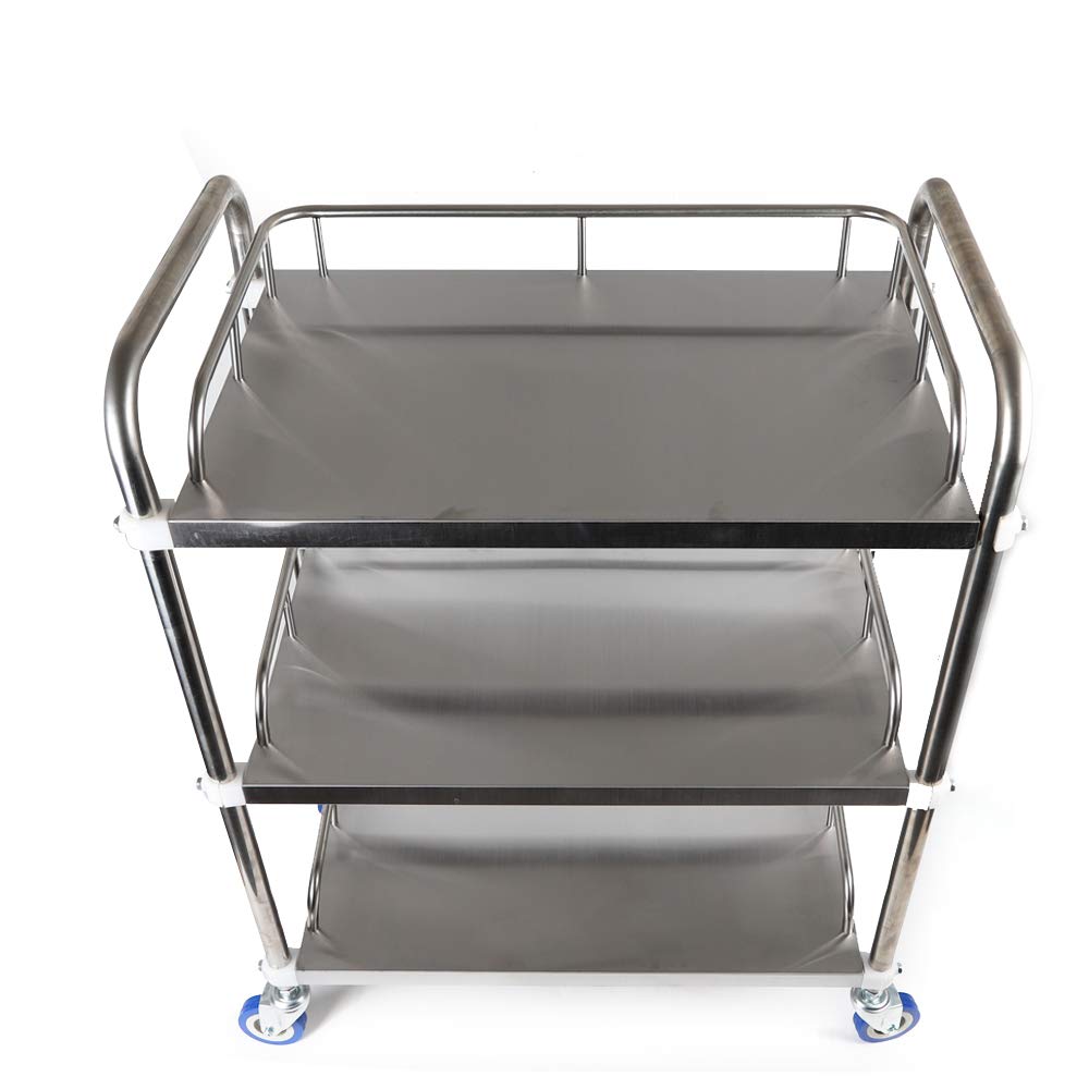 Utility Cart On Wheels, 3 Tiers Silver Trolley Stainless Steel Durable Lab Mobile Serving Cart With 4-Wheel, Lockable Commercial Wheel Dental Lab Cart Utility Services Tool For Laboratories, Hospitals