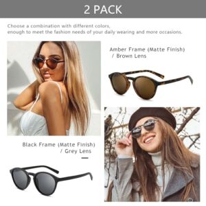 SUNGAIT Classic Vintage Round Polarized Sunglasses for Women Men Retro Style UV400 (Amber Frame Brown Lens+Black Frame Grey Lens) SGT166HPC-SHH