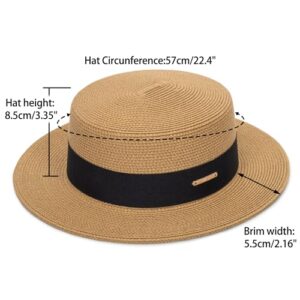 Straw Beach Sun Hat Pork-Pie Boater-Hat for Women Men - Summer Wide Brim Uv-Rays Panama Hat Khaki