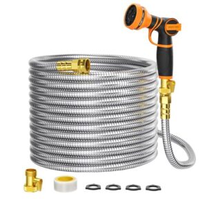 giraffe tools garden hose 100ft x 5/8", 304 stainless steel metal water hose, no kink garden water hose with 9 pattern spray nozzle, flexible, lightweight, kink free hose for yard, outdoor