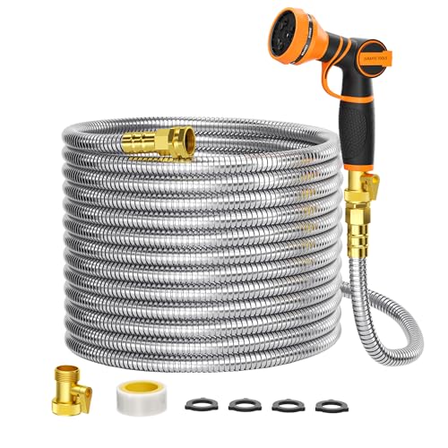 Giraffe Tools Garden Hose 100ft x 5/8", 304 Stainless Steel Metal Water Hose, No Kink Garden Water Hose with 9 Pattern Spray Nozzle, Flexible, Lightweight, Kink Free Hose for Yard, Outdoor