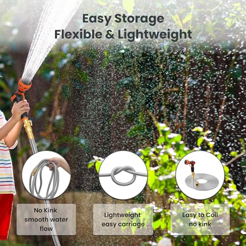 Giraffe Tools Garden Hose 100ft x 5/8", 304 Stainless Steel Metal Water Hose, No Kink Garden Water Hose with 9 Pattern Spray Nozzle, Flexible, Lightweight, Kink Free Hose for Yard, Outdoor