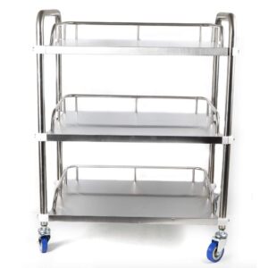 utility cart on wheels, 3 tiers silver trolley stainless steel durable lab mobile serving cart with 4-wheel, lockable commercial wheel dental lab cart utility services tool for laboratories, hospitals