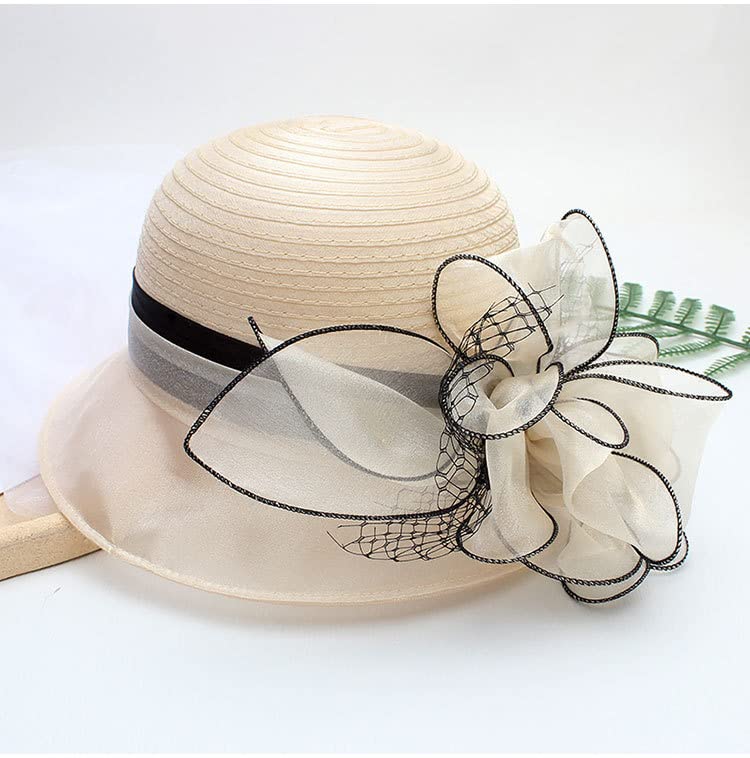 Organza Fascinator Tea-Party Derby-Hats for Women - Flower Wide Brim Church Sunday Sun Hat (US, Alpha, Medium, Beige)