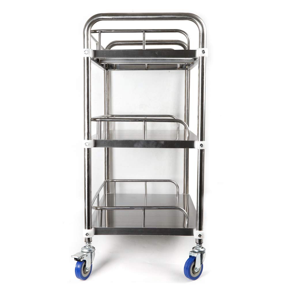 Utility Cart On Wheels, 3 Tiers Silver Trolley Stainless Steel Durable Lab Mobile Serving Cart With 4-Wheel, Lockable Commercial Wheel Dental Lab Cart Utility Services Tool For Laboratories, Hospitals