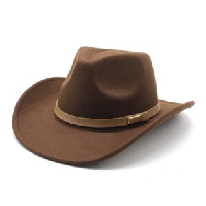 LIDHAY Women Men Classic Felt Wide Brim Western Cowboy Cowgirl Hat with Belt Buckle JZ-035 Brown