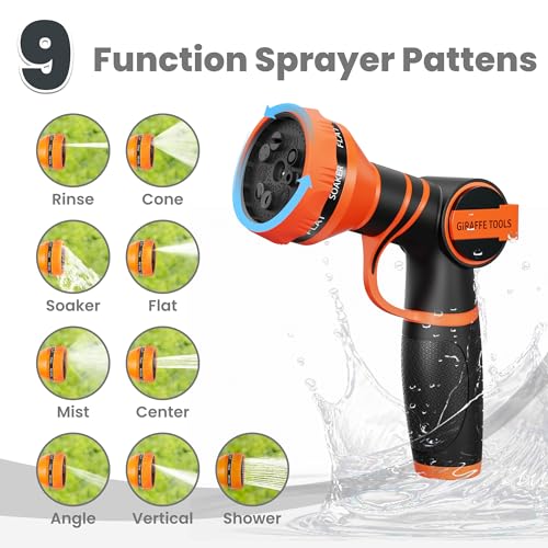 Giraffe Tools Garden Hose 100ft x 5/8", 304 Stainless Steel Metal Water Hose, No Kink Garden Water Hose with 9 Pattern Spray Nozzle, Flexible, Lightweight, Kink Free Hose for Yard, Outdoor