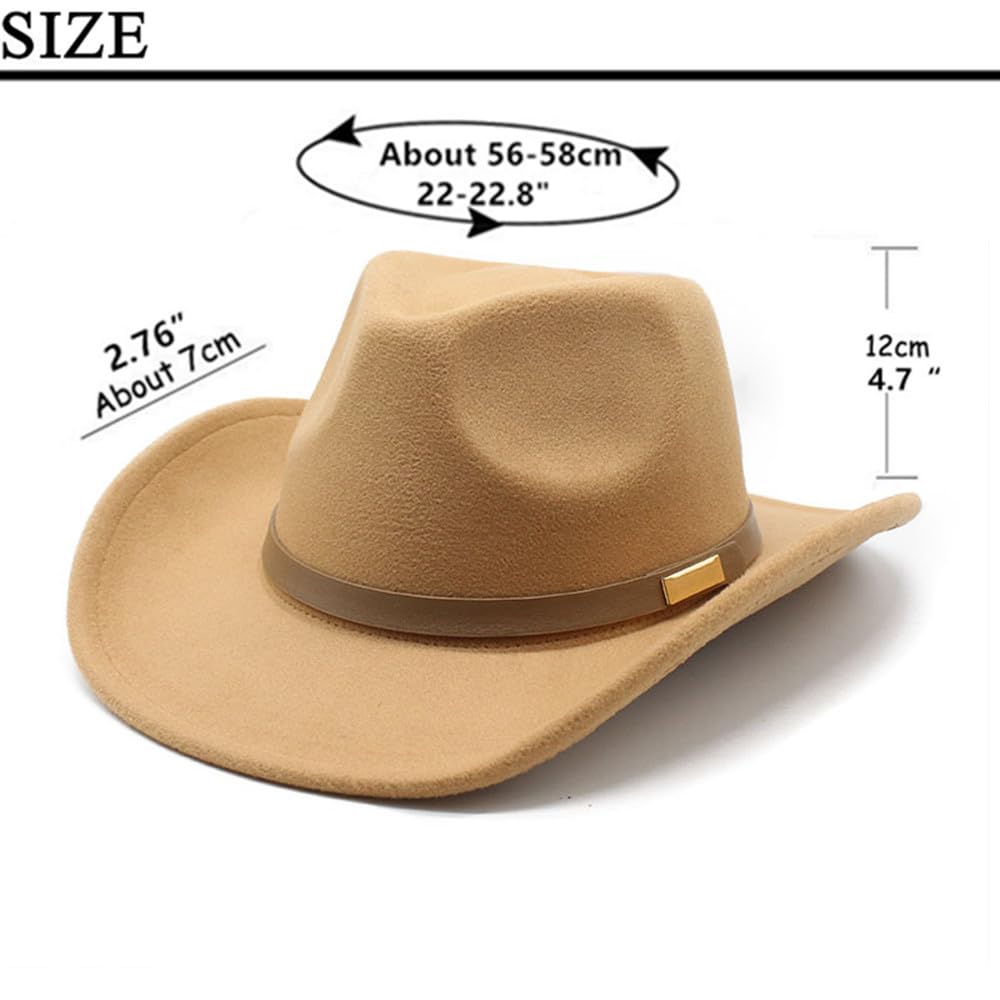 LIDHAY Women Men Classic Felt Wide Brim Western Cowboy Cowgirl Hat with Belt Buckle JZ-035 Camel