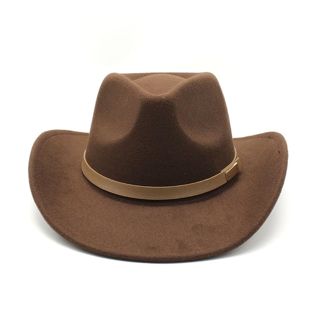 LIDHAY Women Men Classic Felt Wide Brim Western Cowboy Cowgirl Hat with Belt Buckle JZ-035 Brown