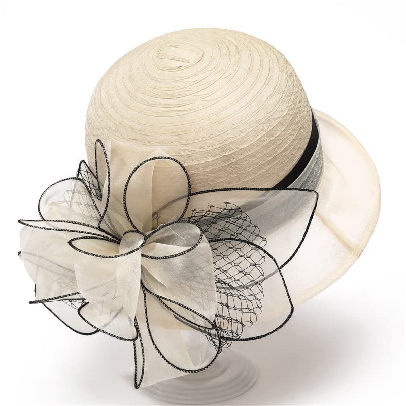 Organza Fascinator Tea-Party Derby-Hats for Women - Flower Wide Brim Church Sunday Sun Hat (US, Alpha, Medium, Beige)