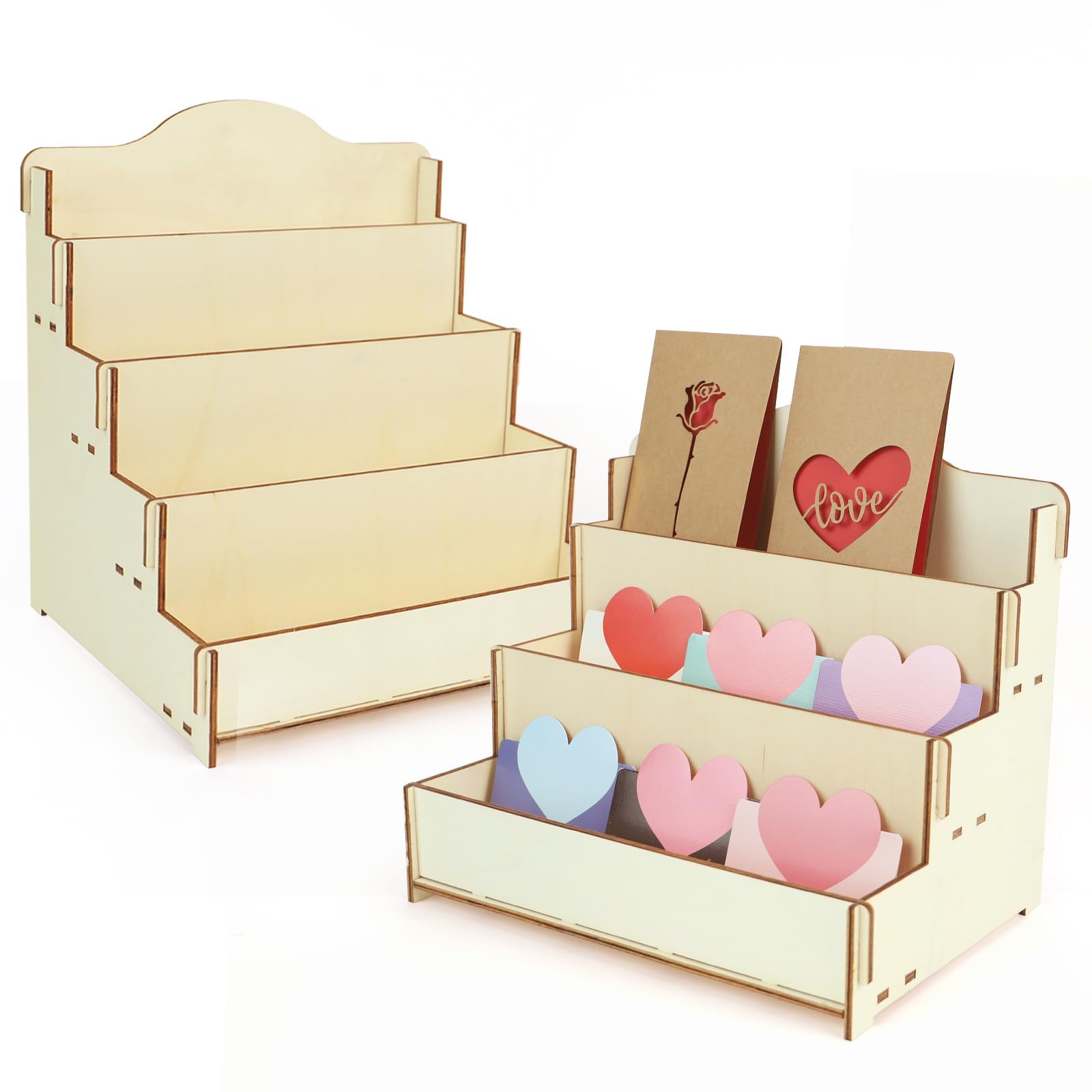 2 Pcs 3/4 Tier Greeting Card Display Stand Wooden Stickers Display Risers Portable Blank Retail Display Shelves for Greeting Cards Photos Postcard Jewelry Comic Book Craft Counter Vendor Events