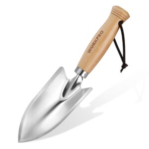 workpro 11" garden hand trowel, heavy duty polished stainless steel garden shovels with wood handle, small gardening hand tools for digging, planting, measure, transplanting