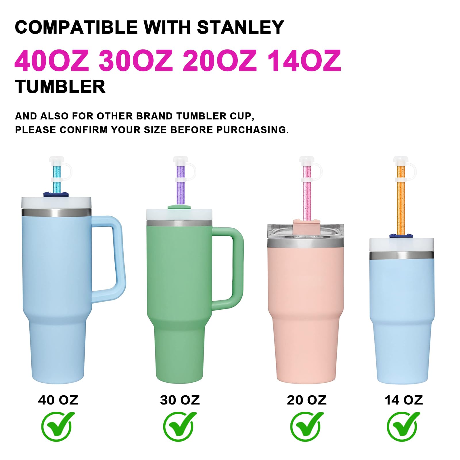 6PCS Straw Cover Replacement Straws for Stanley 40, 30, 20, 14oz Tumbler, Alwenid Reusable Silicone Straw Cap Tips with Glitter Straws Accessories for Stanley H2.0, 1.0 Cup, BPA Free