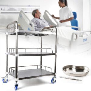 Utility Cart On Wheels, 3 Tiers Silver Trolley Stainless Steel Durable Lab Mobile Serving Cart With 4-Wheel, Lockable Commercial Wheel Dental Lab Cart Utility Services Tool For Laboratories, Hospitals