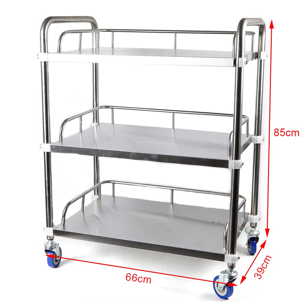 Utility Cart On Wheels, 3 Tiers Silver Trolley Stainless Steel Durable Lab Mobile Serving Cart With 4-Wheel, Lockable Commercial Wheel Dental Lab Cart Utility Services Tool For Laboratories, Hospitals