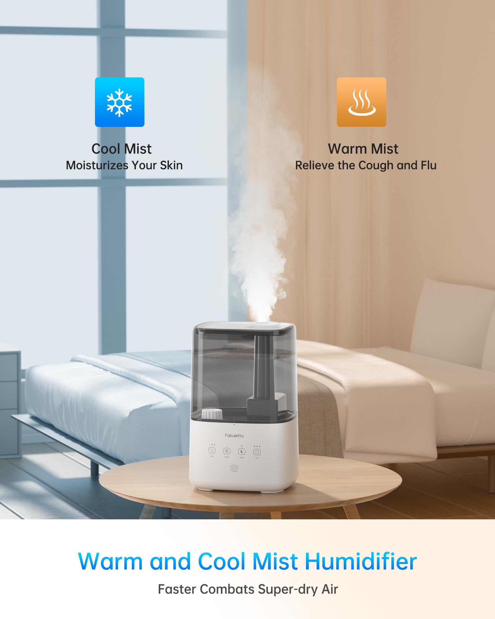 FABULETTA Humidifiers for Bedroom, Warm and Cool Mist Humidifier Large Room for Home, 4.5L Top Fill Room Humidifier with 45H Runtime, 3 Mist Levels, Essential Oil Diffuser, Quiet Sleep Mode ＆ Timer