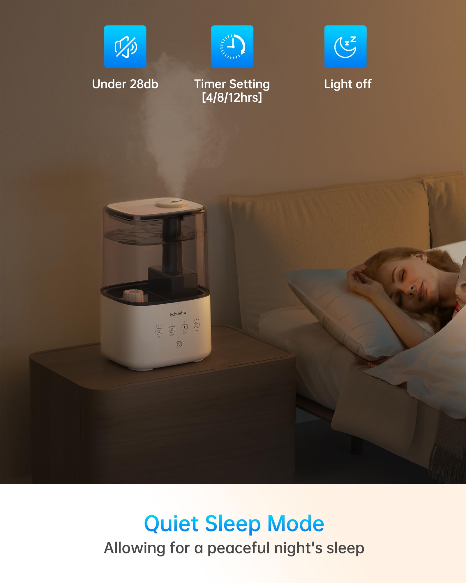 FABULETTA Humidifiers for Bedroom, Warm and Cool Mist Humidifier Large Room for Home, 4.5L Top Fill Room Humidifier with 45H Runtime, 3 Mist Levels, Essential Oil Diffuser, Quiet Sleep Mode ＆ Timer