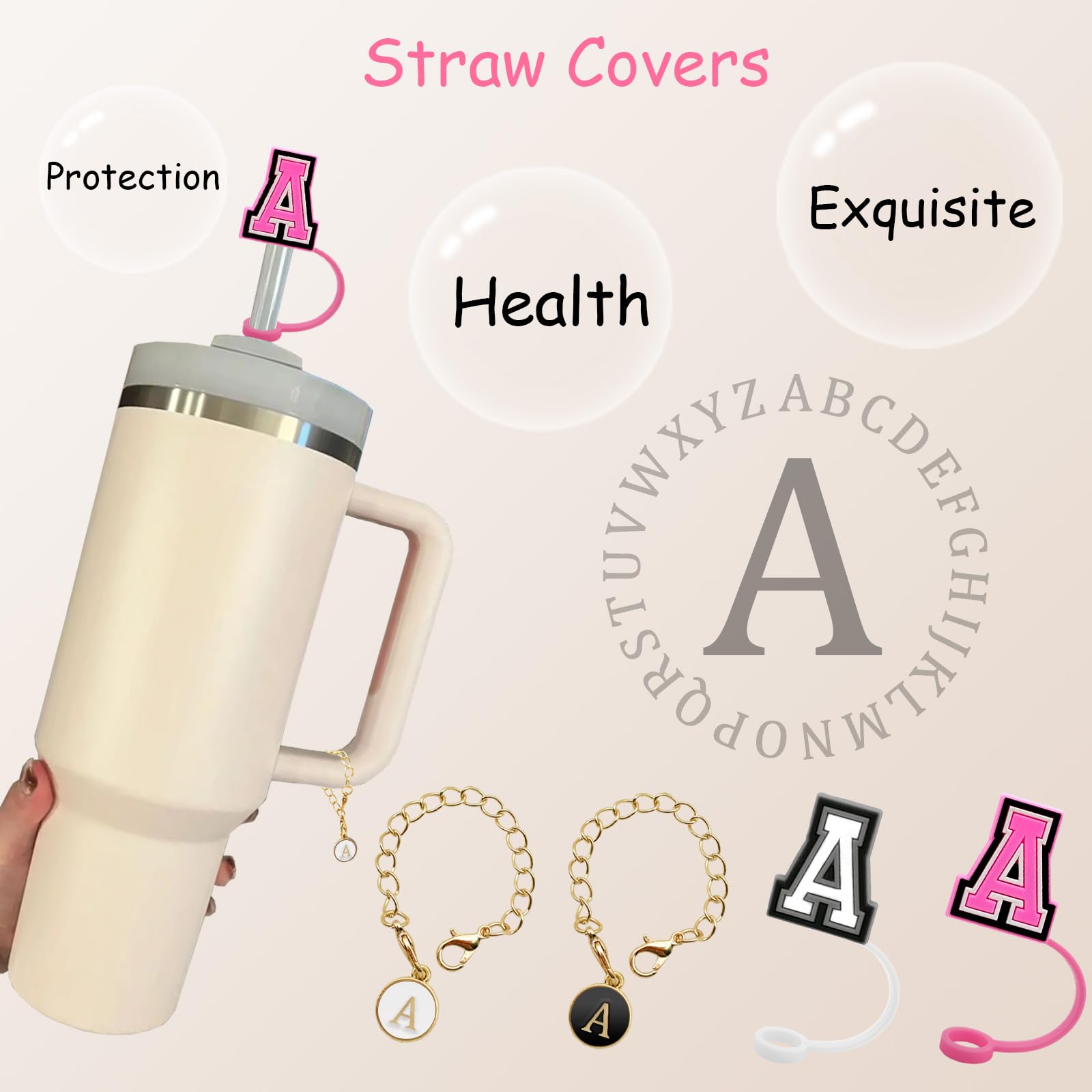 （2+2）2PCS Straw Cover for Stanley Cup 30&40 Oz 10mm Straw Topper with 2PCS Stanley Cup Accessories Letter Charms Name ID Initial Letter Handle Personalized Charm For Stanley Tumbler (Letter A)