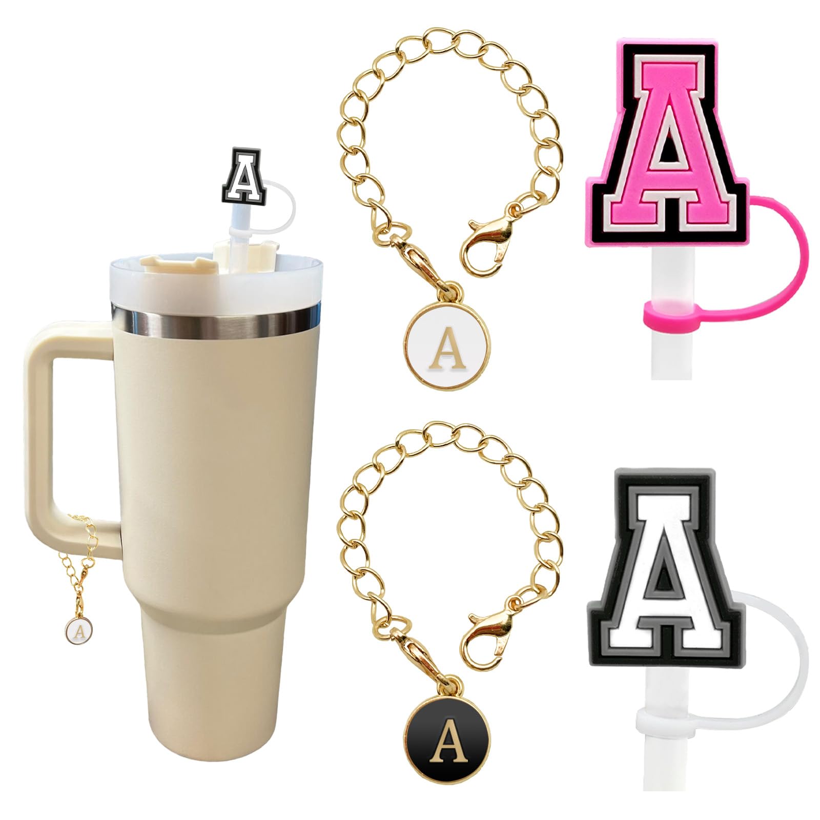 （2+2）2PCS Straw Cover for Stanley Cup 30&40 Oz 10mm Straw Topper with 2PCS Stanley Cup Accessories Letter Charms Name ID Initial Letter Handle Personalized Charm For Stanley Tumbler (Letter A)