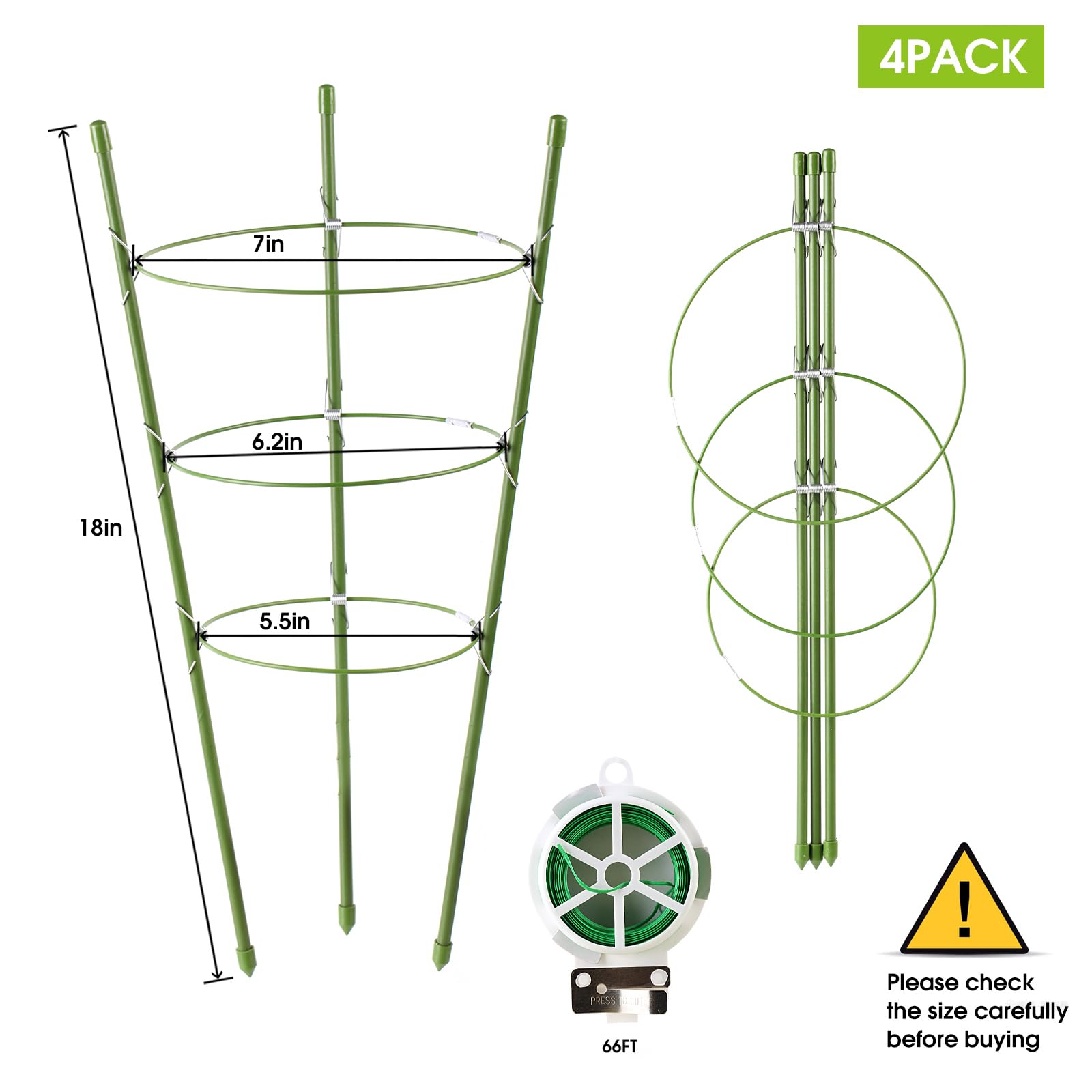 JCKHXG 4 Pack Tomato Cage, 18 inches Plant Support Cages for Garden, Upgrade Garden Plant Stakes with Adjustable Rings, Plants Trellis for Tomato, Flower, Climbing Plants, with Twist Tie