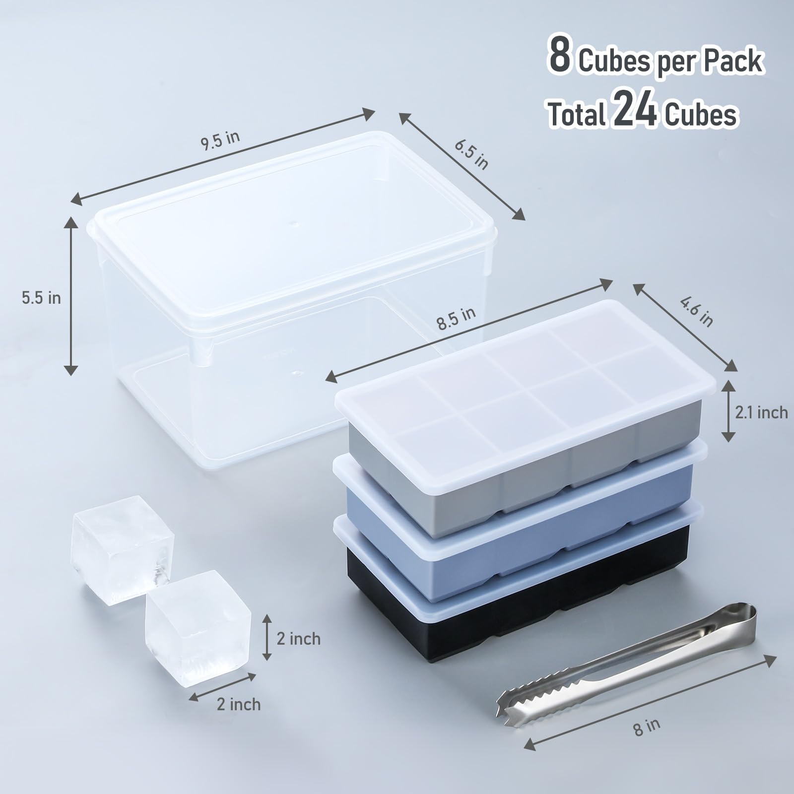 3 Pack Large Ice Cube Trays for Freezer with Lid and Bin, 2 Inch Silicone Big Square Ice Cube Molds Making 24 Cubes for Whiskey, Cocktails, Beverages, Soups, Frozen Treats, BPA Free