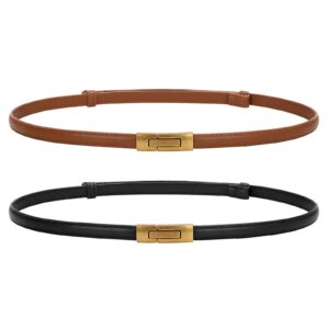 JASGOOD Women Skinny Belts Leather Thin Waist Belts for Dress Ladies Belts with Gold Buckle 2 Pack