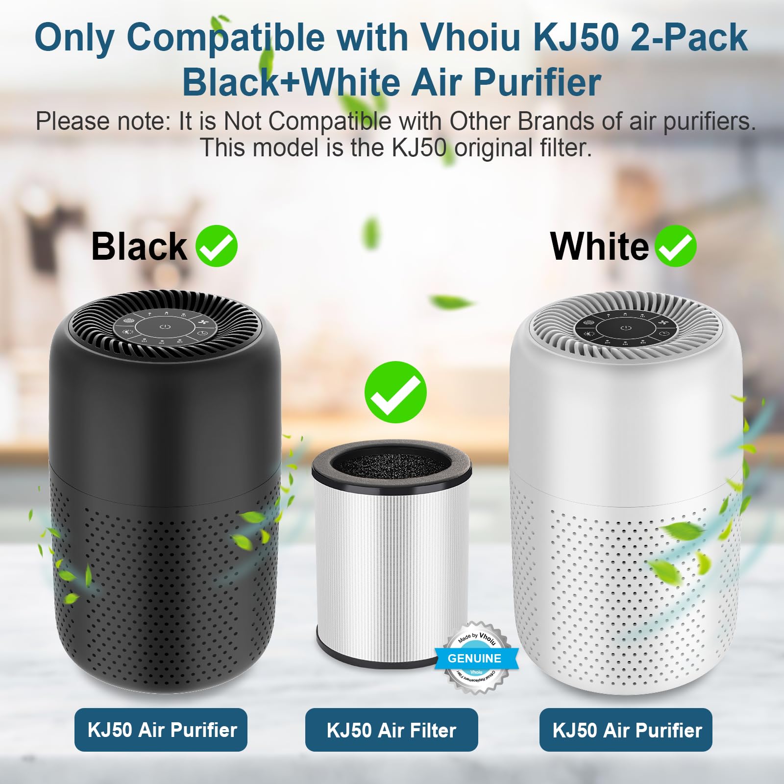 (2 PACK) KJ50 Replacement Filter Compatible with Vhoiu KJ50 Air Purifier Black/White, 360° Rotating 3-in-1 Filter of H13 True HEPA Filter, (Official Original Filter, Not Suitable for Other Models)