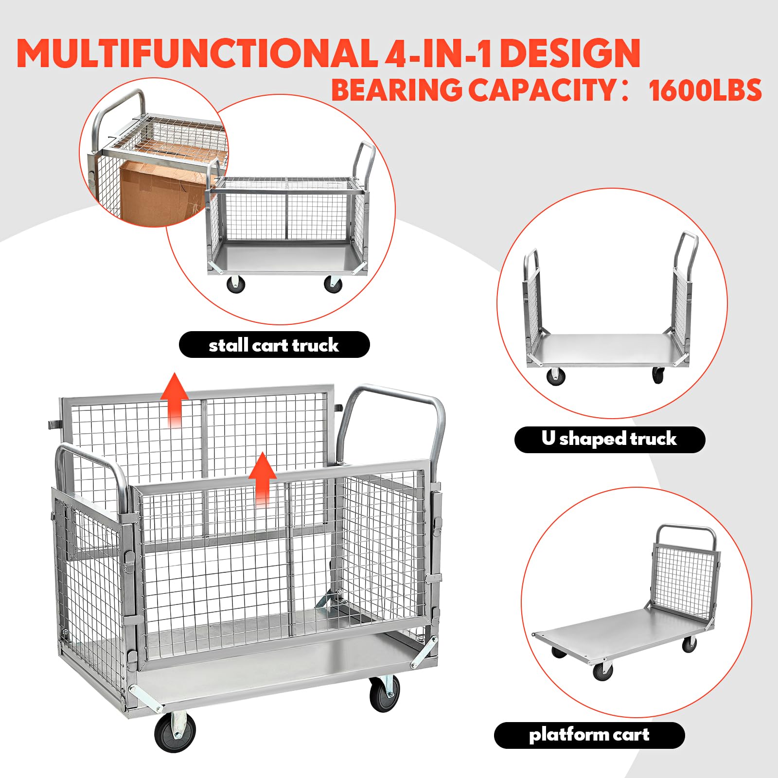 Datanly Platform Truck Cart with Cage, Large Foldable Flat Cart Heavy Duty Push Cart Dolly Load 1600lbs Hand Truck Dolly Cart with Swivel Casters Flatbed Cart for Grocery Moving Laundry (39" x 24")