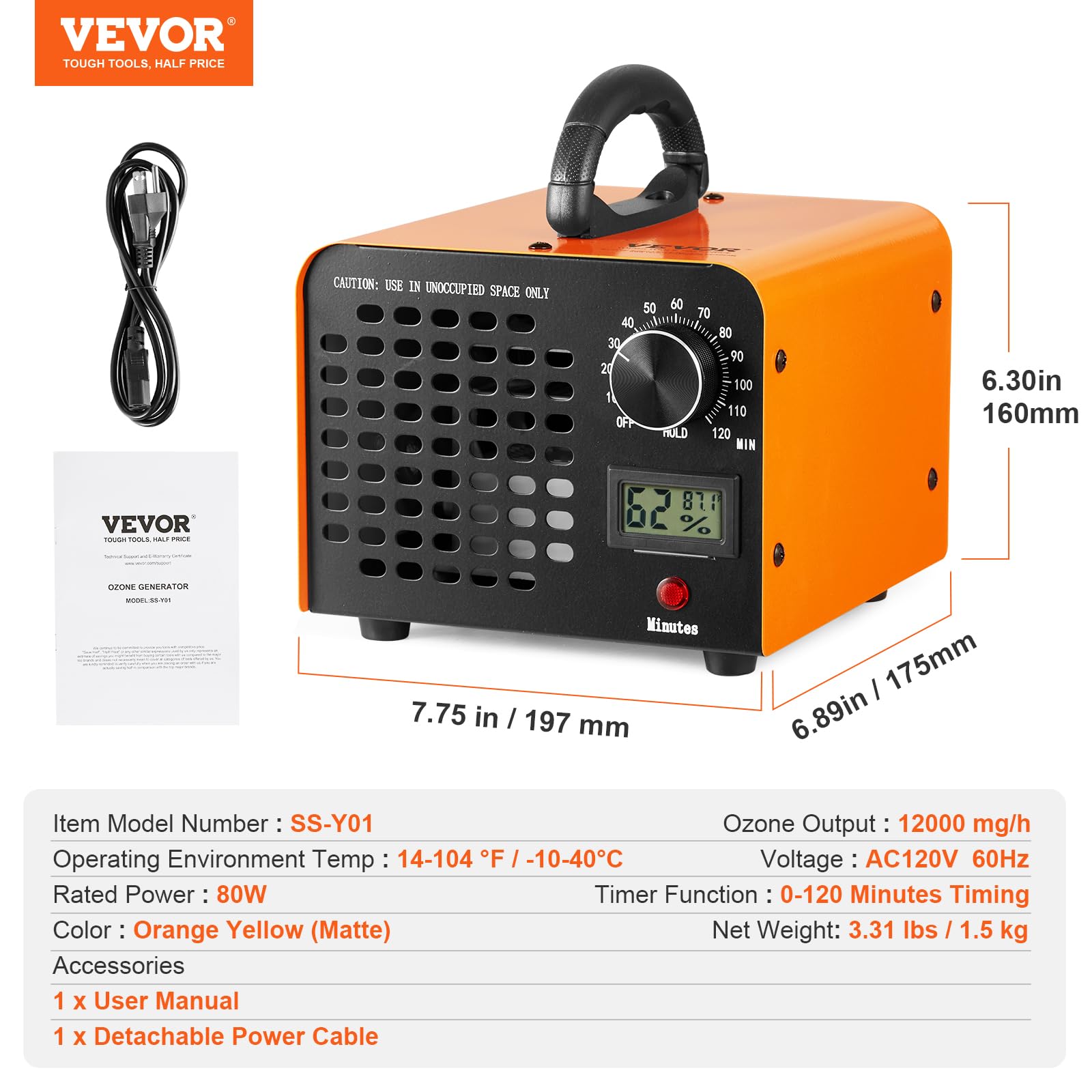 VEVOR Ozone Generator, 12000mg/h Ozone Machine, High Capacity Commercial/Industrial Ozone Generator Machine with 0-120 min Time Setting for Rooms, Cars