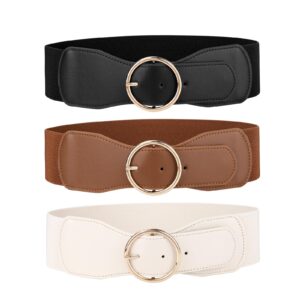 JASGOOD 3 Pack Women Wide Elastic Waist Belt for Dress Ladies Stretch Belt with Gold Round Buckle