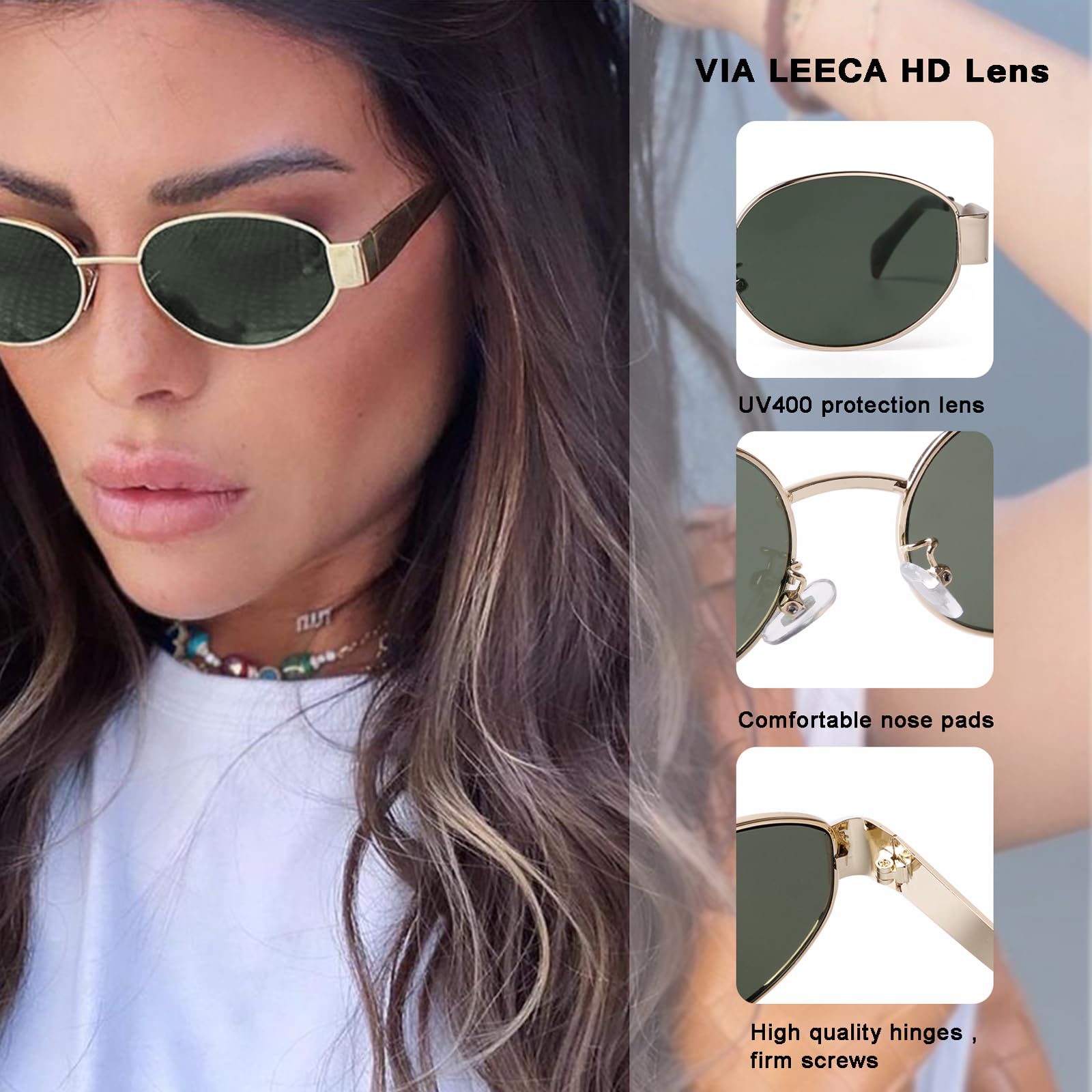 VIA LEECA Retro Oval Sunglasses Women Men 90s Trendy UV400 Protection G15 Lens Sun Glasses Classic Shades for Gift Outdoor Aesthetic Accessories