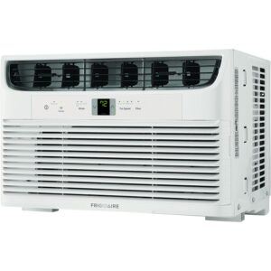 frigidaire 8,000 btu window air conditioner & dehumidifier, 115v, cools up to 350 sq. ft. for apartment, dorm room & small/medium rooms, with remote control, programmable timer, and sleep mode, white