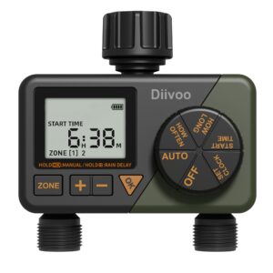 diivoo sprinkler timer 2 zone, programmable water hose timer 2 outlet for garden, automatic irrigation timer ip54 with rain delay/manual/auto mode, outdoor hose timer controller for lawn, yard, pool