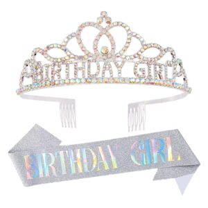 Chanaco Happy Birthday Crown for Women, Birthday Sash and Crown for Girls, Birthday Tiara and Sashes Kit, Rhinestone Crown Hair Accessories “BIRTHDAY GIRL” Sash for Party Favors