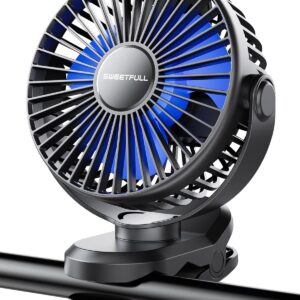 SWEETFULL Portable Clip on Fan - Battery Operated Stroller Fan, 4000mAh Small Rechargeable Fan with LED Display, 4 Speeds, Mini Personal Cooling Desk Fan for Golf Cart Travel Camping Gym (Black)