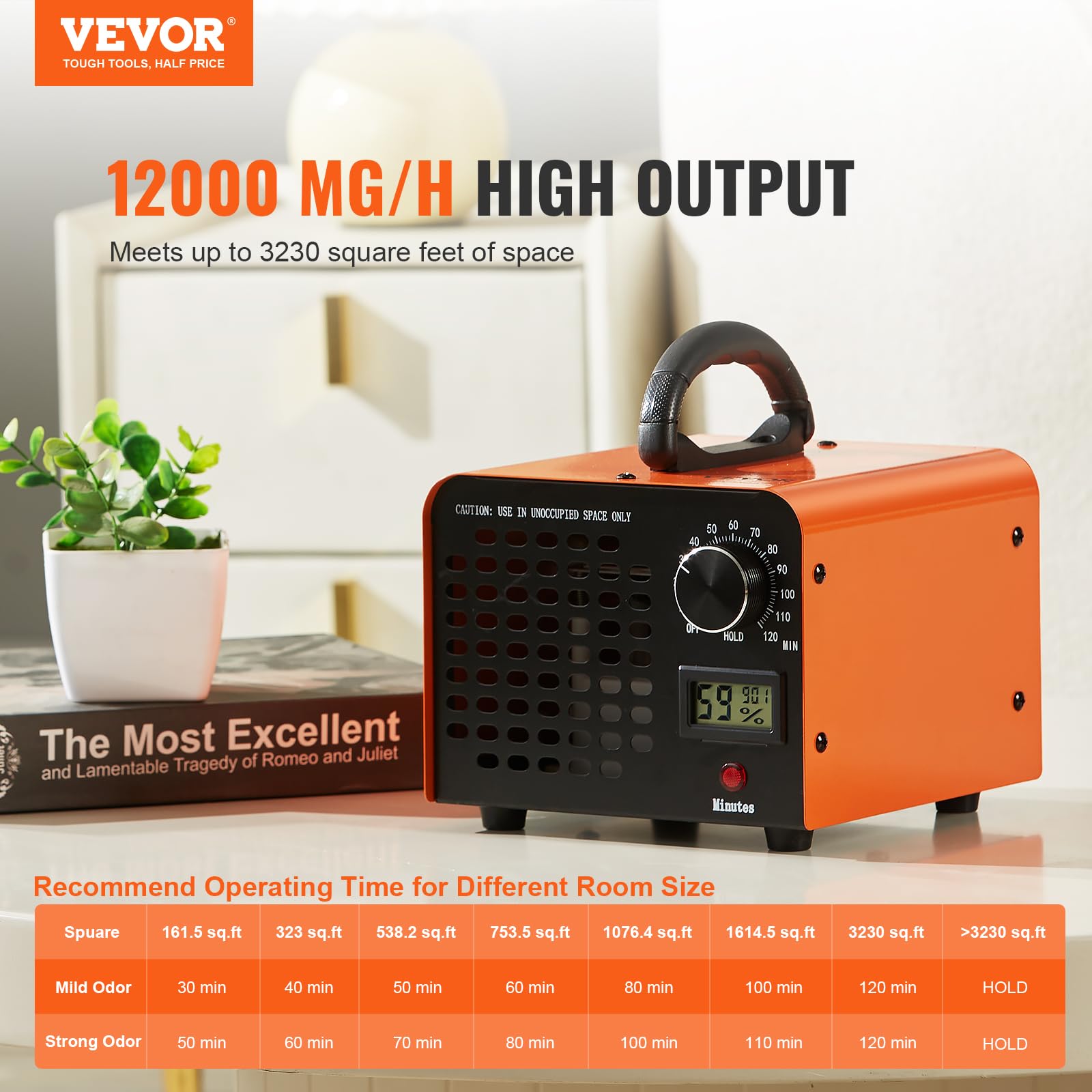 VEVOR Ozone Generator, 12000mg/h Ozone Machine, High Capacity Commercial/Industrial Ozone Generator Machine with 0-120 min Time Setting for Rooms, Cars