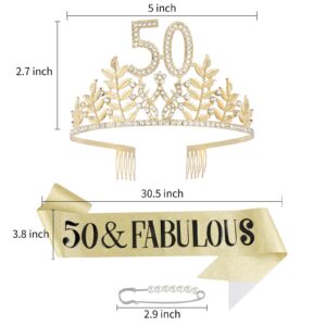 50th Birthday Women's Gold Crystal Crown and Glitter Sash Gift Set, Rhinestone Tiara and Hair Accessories for Party Decoration