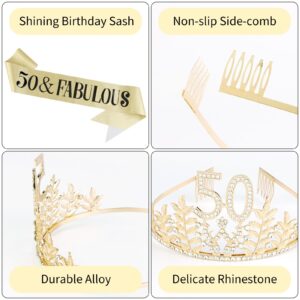 50th Birthday Women's Gold Crystal Crown and Glitter Sash Gift Set, Rhinestone Tiara and Hair Accessories for Party Decoration