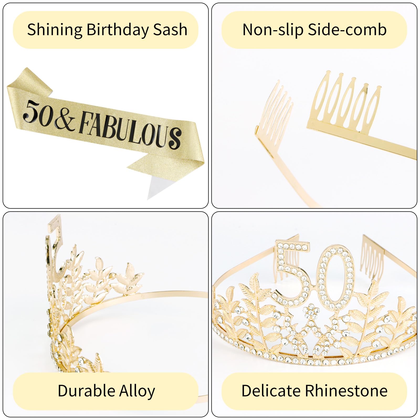 50th Birthday Women's Gold Crystal Crown and Glitter Sash Gift Set, Rhinestone Tiara and Hair Accessories for Party Decoration