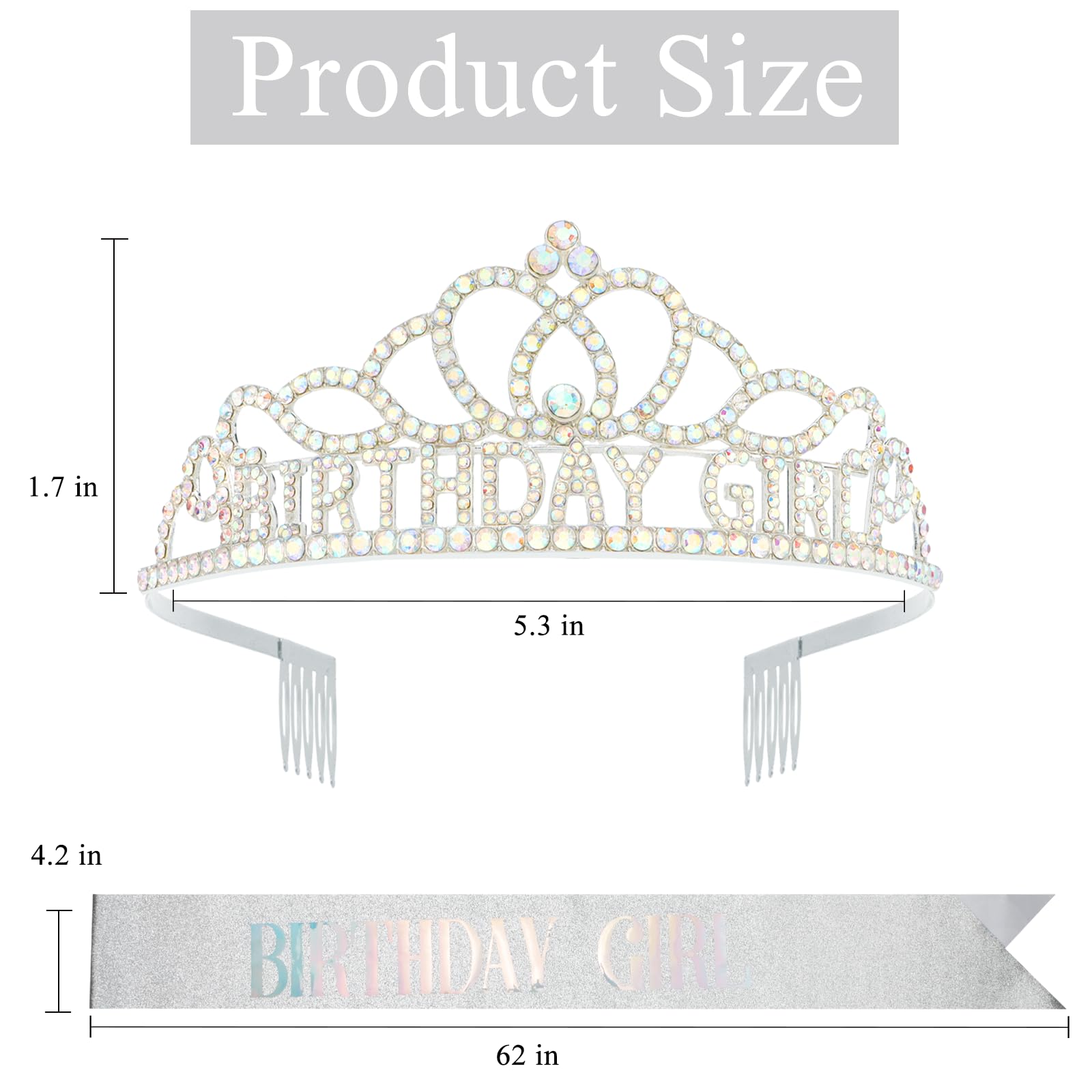 KICOSY Birthday Crown and Sashes for Women Princess Tiara Headband Elegant Sliver Crown for Girls Birthday Headpieces Hair Accessories Rhinestone Decoration Gifts Aurora Borealis Crystal Tiaras