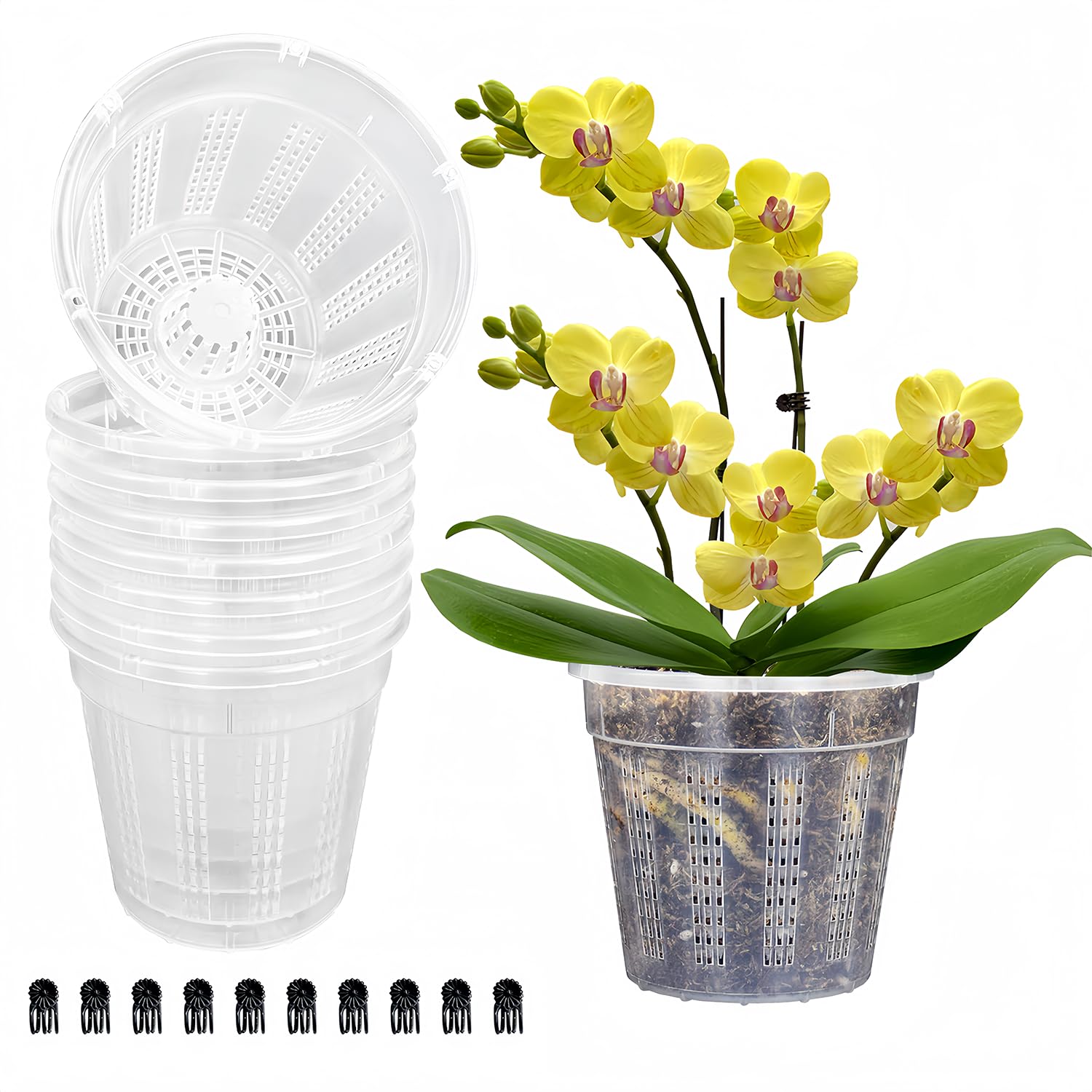 HOLANHING 8 Pack Orchid Pot, 4.5in Orchid Pots with Holes, Orchid Pots for Repotting with Clips, Clear Plastic Plant Pot for Indoor Outdoor Plants（4.5in, 8 Pack）