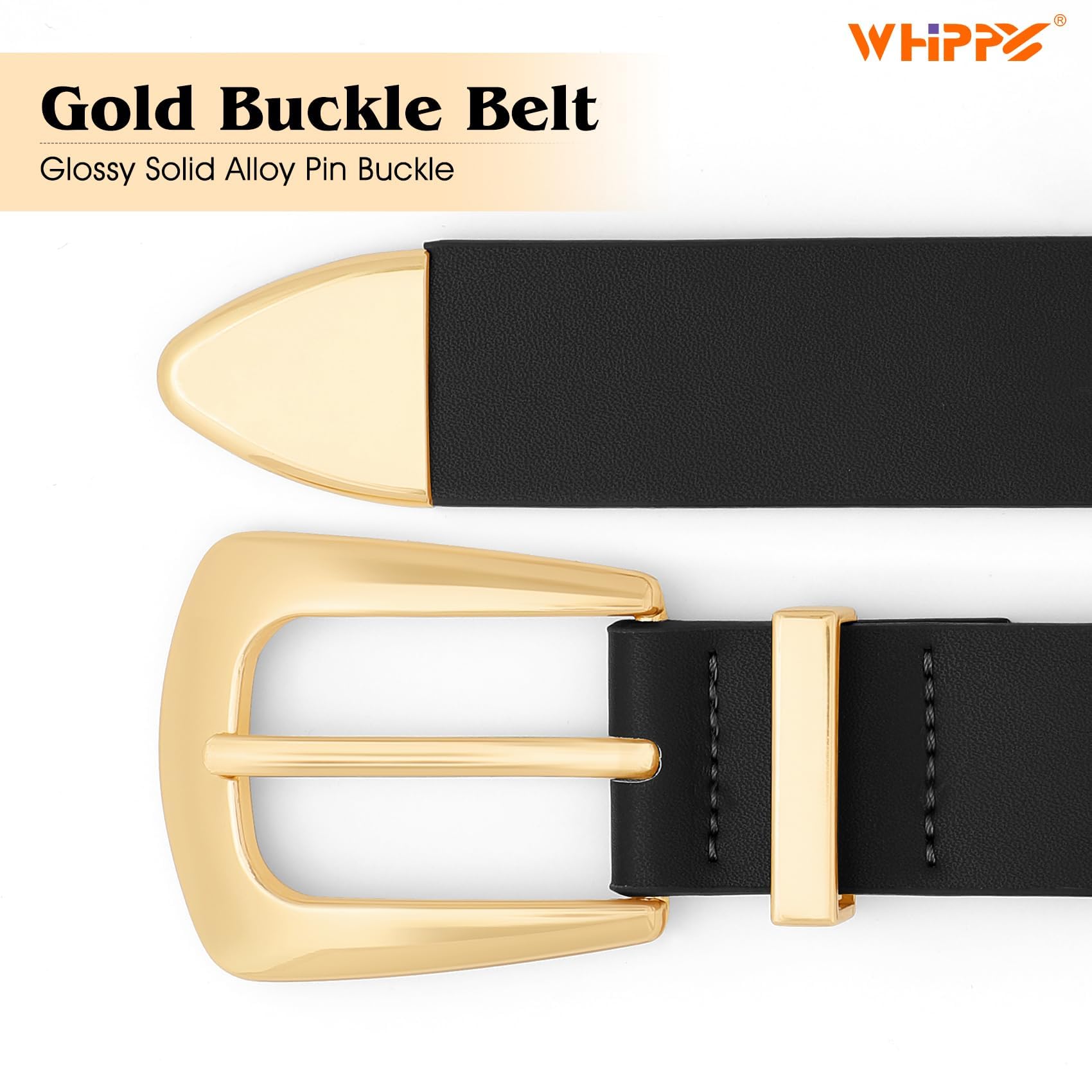 WHIPPY Women Leather Belt for Jeans Pants Dresses Fashion Ladies Western Leather Belt with Solid Gold Buckle S Black