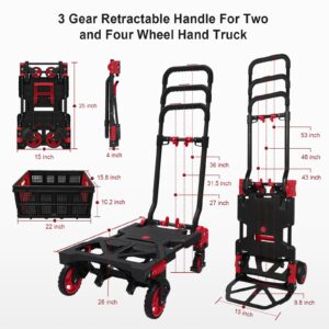 2 in 1 Hand Truck Dolly with Folding Basket,Folding Hand Truck Heavy Duty 330lbs Capacity,Foldable Hand Trcuk with Retractable Handle and Rubber Wheels,Portable Dolly with Bungee Cords for Moving