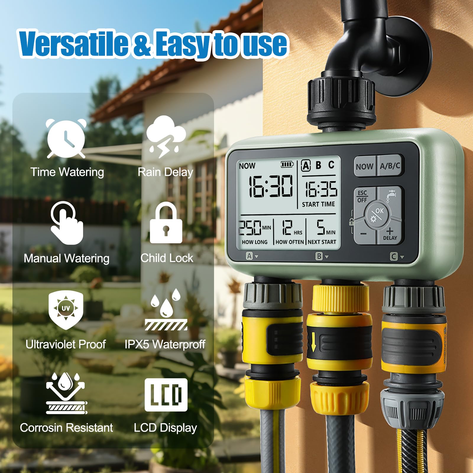 CROSOFMI Watering Timer,Sprinkler Timer Programmable Garden Outdoor Hose Faucet Timer with Rain Delay/Manual/Automatic Watering System,Waterproof Digital Irrigation Timer System for Lawns,3 Outlet