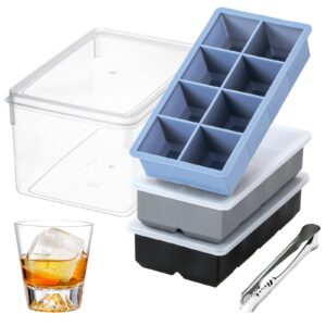 3 pack large ice cube trays for freezer with lid and bin, 2 inch silicone big square ice cube molds making 24 cubes for whiskey, cocktails, beverages, soups, frozen treats, bpa free